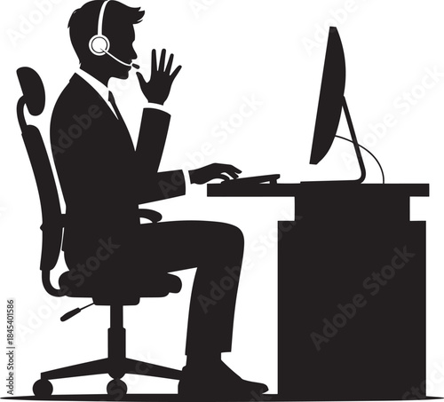 Call center agent silhouette answering phone call at office desk with computer monitor