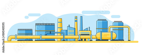 Industrial factory scene showing pipeline network, storage tanks, and refinery buildings in flat vector style, ideal for energy, industry, and manufacturing concepts