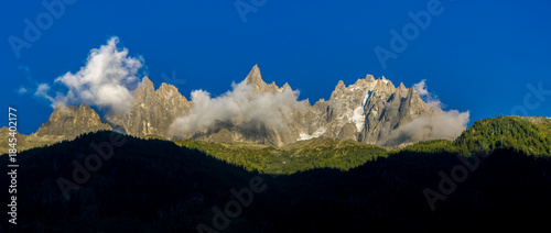 Panoramic mountain landscape in Chamonix with Mont Blanc massif, alpine peaks, glaciers, valleys, snow capped ridges, clear sky, European Alps scenery, natural terrain, high altitude environment area