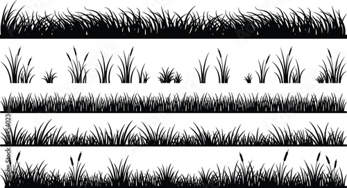 Black grass silhouette border set with wild meadow plants reeds and lawn edges for nature landscape design vector use