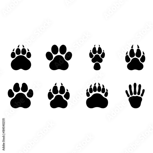 A set of animal paw print filled icons designed as bold and recognizable symbols.
Each icon is rendered as a solid black shape on a white background, providing strong visual contrast and clarity.
The 