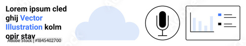 Cloud storage, audio recording, data analysis, technology trends, media production, business tools. Central visual includes a cloud, a microphone and an analytics chart. Cloud storage and audio