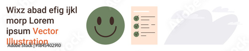 Mental health, productivity, task management, positivity, workflow, efficiency. happy face alongside a checklist and placeholder text. Mental health and productivity concept