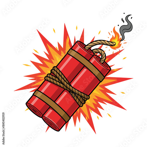 Red dynamite stick bundle with burning fuse and big explosion flash vector illustration.