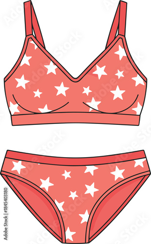 Bright star-pattern girls’ underwear set vector illustration featuring cute bralette and matching panties in vibrant playful design for fashion and apparel use.