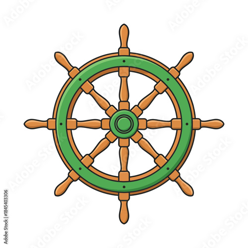 Classic wooden ship steering wheel helm for nautical sea navigation vector illustration.