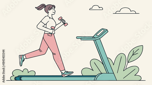 Woman running on treadmill with dumbbells, fitness training and healthy lifestyle, flat vector illustration
