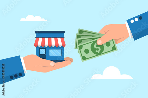 Hand holding a small business and another offering money, symbolizing acquisition or sale