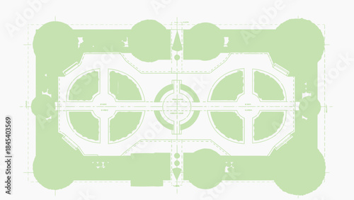 Architectural blueprint of a formal garden symmetrical layout with pathways and circular beds top-do