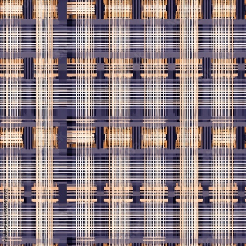 Abstract Geometric Pattern with Striped Grid in Orange and Purple Tones.