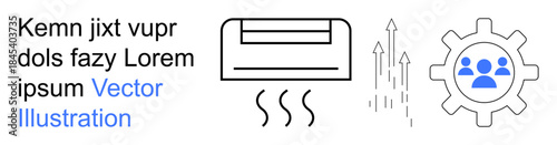 Climate control, engineering systems, operational efficiency, workforce collaboration, technical analysis, team organization. Air conditioning unit, performance metrics, and cogwheel with group icon
