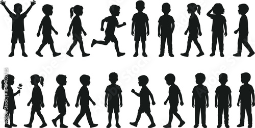 Children silhouettes collection showing boys and girls walking running standing and playing black vector illustration for education design projects