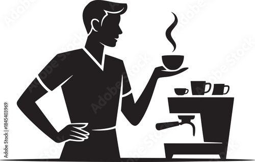 Man barista preparing hot coffee with steaming cup and espresso machine for customers