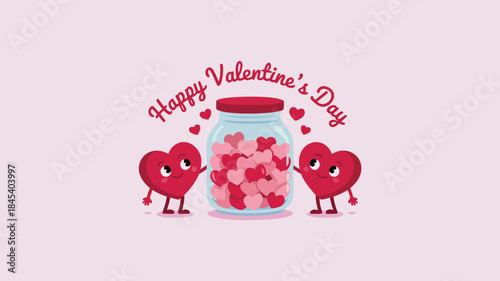 Two small heart characters holding opposite sides of a jar filled with pink and red hearts on valentine's day