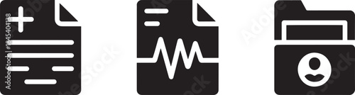 Medical prescription health document heartbeat chart patient records folder vector icons set