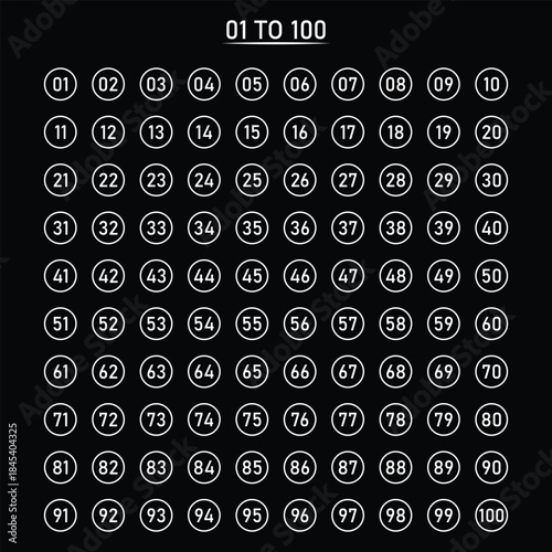 1 to 100 Number Chart Grid Vector Set - Dark Mode Learning and Info graphic Element.