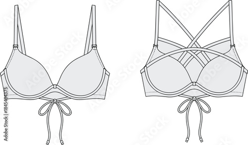 Detailed lingerie bra technical flat sketch with adjustable straps, supportive cups, front tie detail, and stylish crisscross back vector illustration design