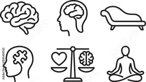 Set of six human brain and meditation related icons for psychology and mental health