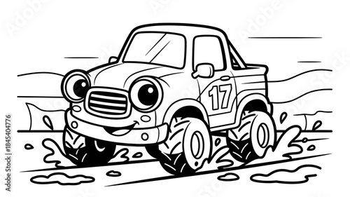 Cartoon Monster Truck Driving Through Muddy Terrain with Playful Expression