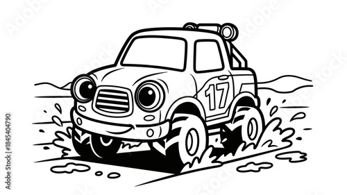 Cartoon Monster Truck Driving Through Muddy Terrain with Playful Expression and Number Decal