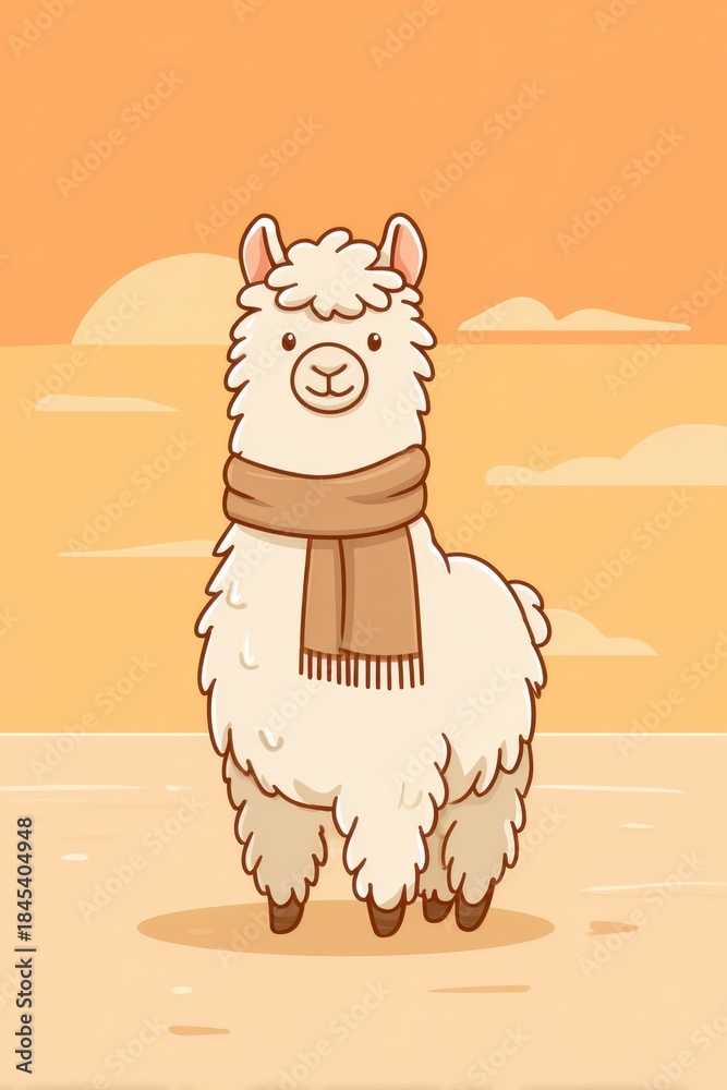 Fototapeta premium Cute cartoon llama in a sunset