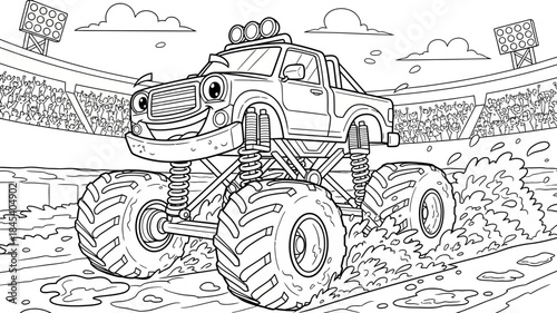 Cartoon Monster Truck Racing on Mud Track with Exaggerated Suspension Stadium Crowd and Joyful Expression