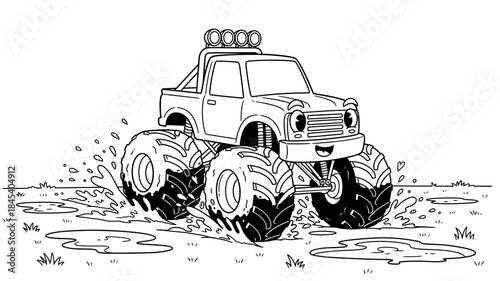 Cartoon Monster Truck Racing Through Mud Puddles in Black and White Outline