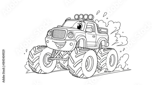 Cartoon Monster Truck Racing Toward Viewer With Joyful Expression Dynamic Lines And Massive Wheels