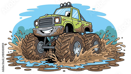 Cartoon Monster Truck Splashing Muddy Water Smiling Face Playful Scene Black Ink Outline White Background
