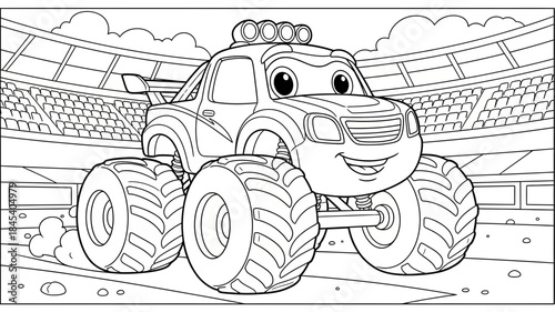 Cartoon Monster Truck With Big Tires And Friendly Face In Stadium Scene Black And White Illustration