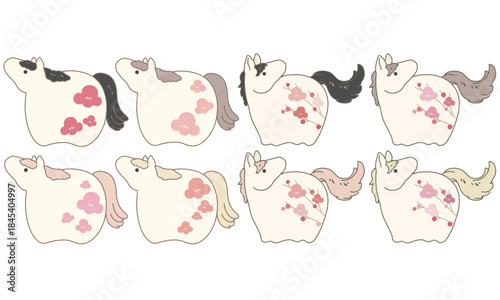 デフォルメした馬のイラスト、梅の花柄・模様