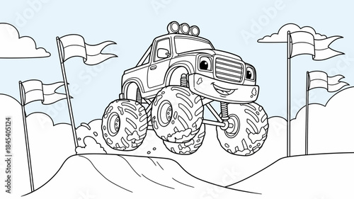 Monster Truck Jumping Over Dirt Ramp with Happy Face and Waving Flags in Light Blue Background
