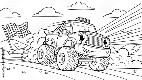 Cartoon Monster Truck Drifting on Dirt Track with Cartoon Eyes and Mouth Racing Scene in Coloring Book Style