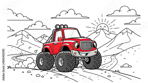 Cartoon Monster Truck Driving On Mountain Dirt Road With Clouds And Sun In Line Art Style