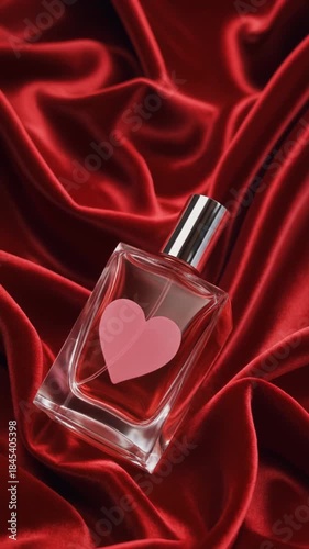 Elegant perfume bottle with a pink heart on luxurious red fabric