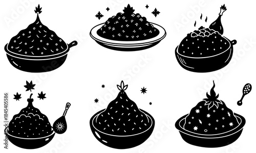 Six Black Bowls with Dark Food and Spoons on White Background