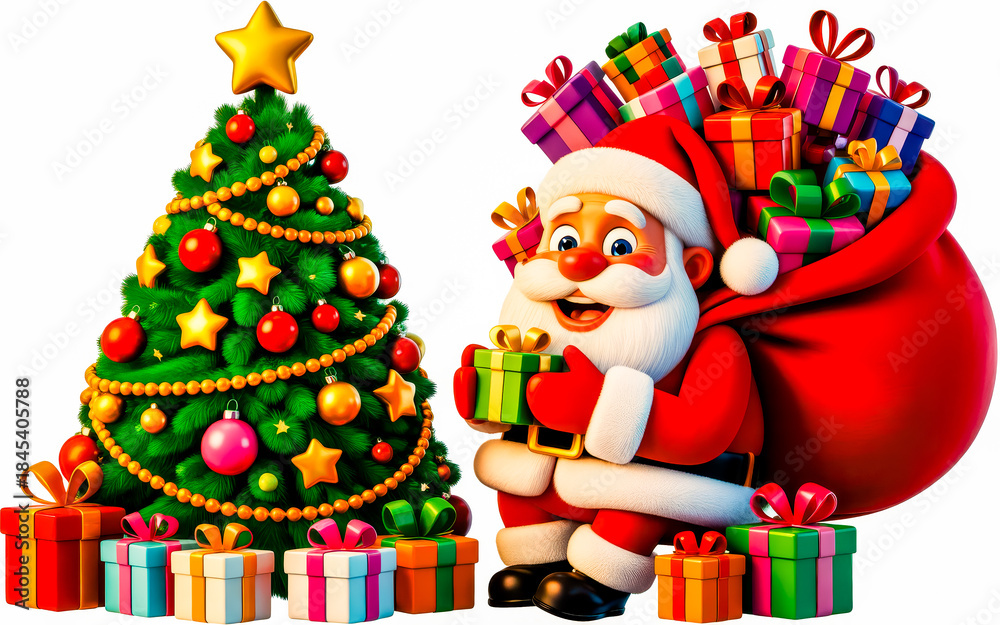 Naklejka premium A Cheerful Santa Claus holding gifts next to a decorated Christmas tree isolated on a transparent background