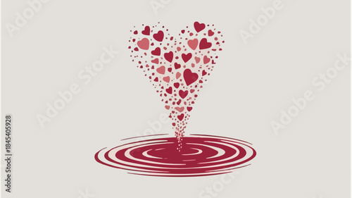 Vector illustration of a heart shape formed by flowing hearts into a pool on a light gray background