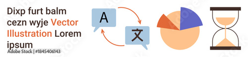 Language translation, communication tools, time management, data analysis, workflow optimization, multilingual exchange. Speech bubbles with arrows, pie chart hourglass. Language translation