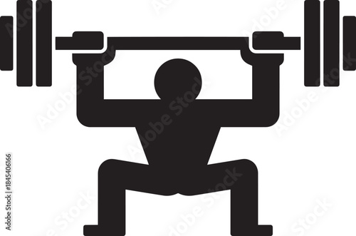 Weightlifting person icon, silhouette of man doing squat with barbell over his head