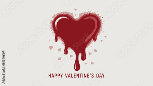 Red heart melting into smooth liquid with happy valentine's day text on white background, valentine's day greeting card with dripping heart