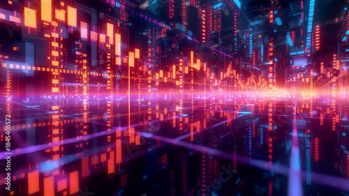 Wallpaper Mural Vibrant neon orange blue purple digital cityscape grid with glowing data streams in infinite reflective corridor Torontodigital.ca