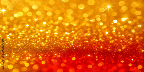 Shiny golden and bright red Christmas lights background with sparkling holiday bokeh and blurred decoration glow