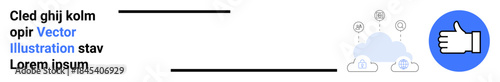 Digital communication, cloud computing, online presence, social networking, data management, feedback systems. Cloud with icons and thumbs-up symbol. Digital communication and cloud computing