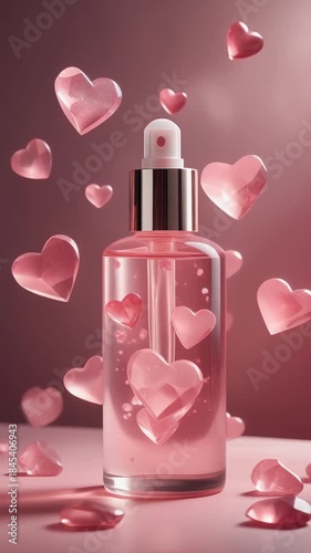 Shimmering pink hearts adorn a beauty elixir bottle in soft light