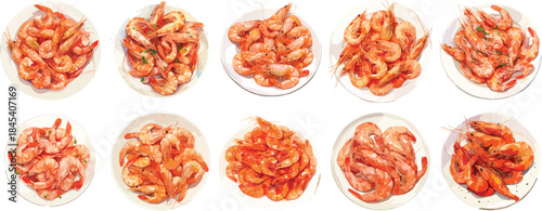 Watercolor Boiled Shrimp on Plate Clipart Set