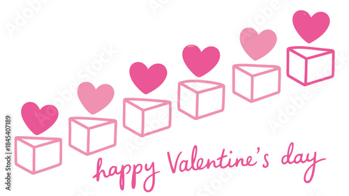 Minimalist flat illustration of cubes and hearts with happy valentine's day message on white background