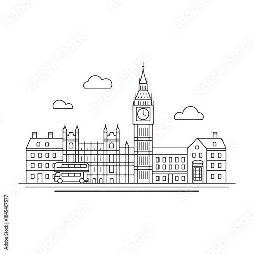 London city skyline with Big Ben and bus line art sketch design vector illustration.