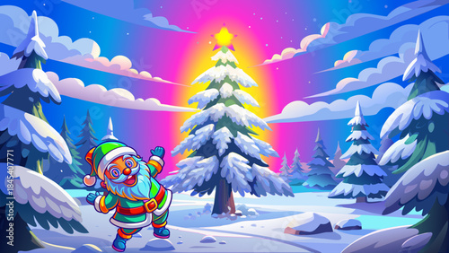 Christmas, New Year, forest, fir tree, conifers, trees, snow, sky, ice, freshness, vector, graphics, holiday, children's, joy, dream, family, congratulations, postcards, design, Christian traditions.