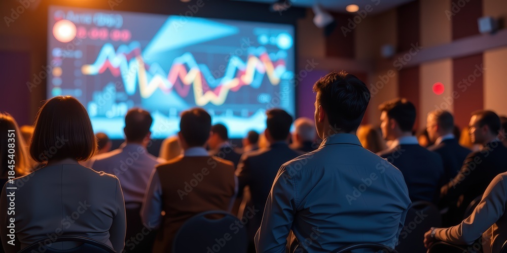 Fototapeta premium Audience watching data presentation on a large screen during a conference.